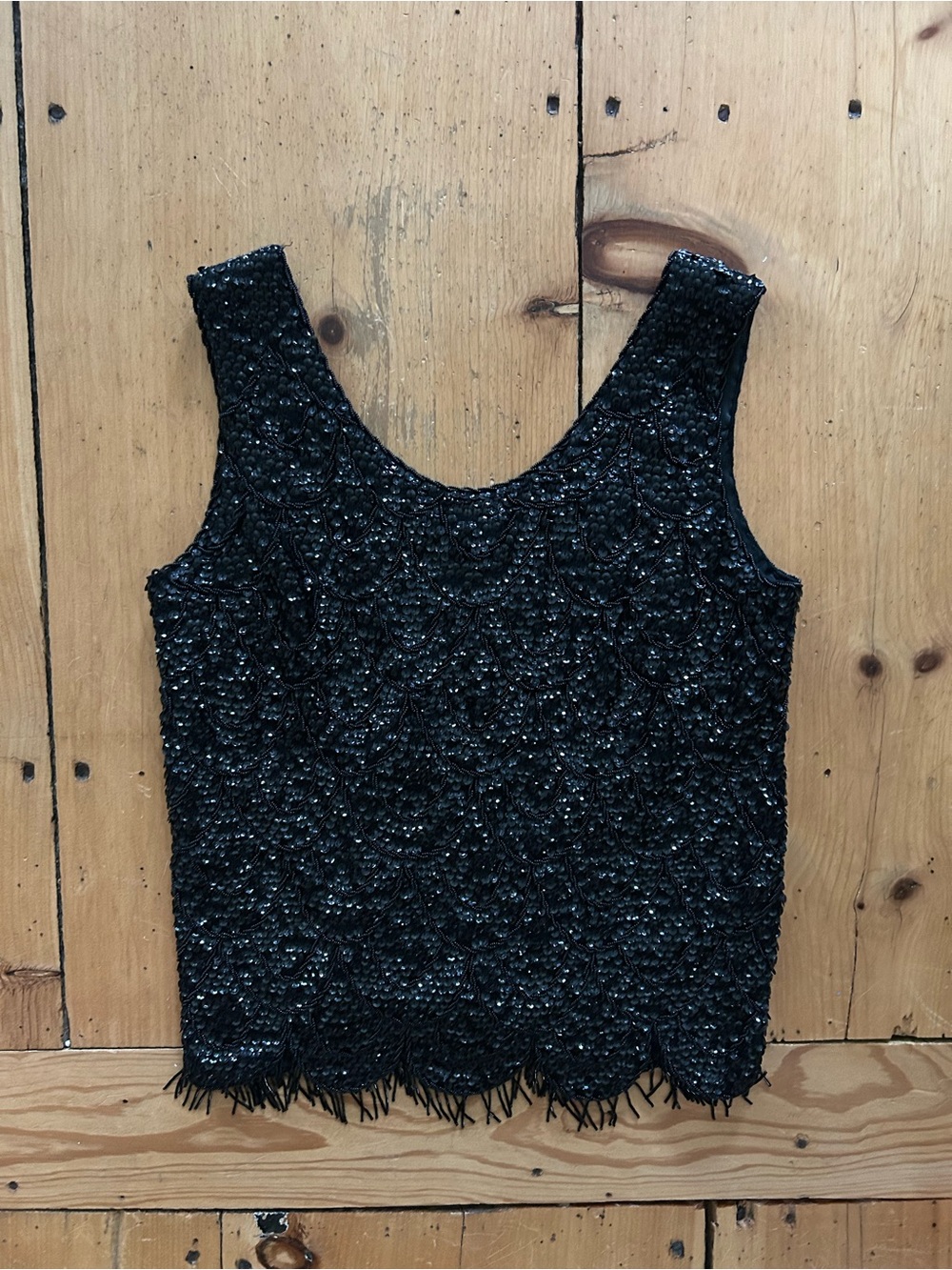 Vintage Black Beaded Tank Top - Elegant Evening